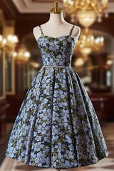 Black Spaghetti Straps Flower Print Homecoming Dresses