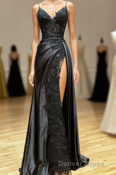 Black Spaghetti Straps Lace Appliques Prom Dresses with Slit