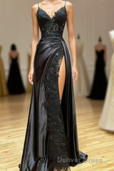 Black Spaghetti Straps Lace Appliques Prom Dresses with Slit