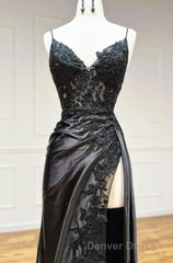Black Spaghetti Straps Lace Appliques Prom Dresses with Slit