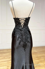 Black Spaghetti Straps Lace Appliques Prom Dresses with Slit