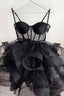 Black Spaghetti Straps Ruffles Homecoming Dress, Cute A Line Prom Dresses