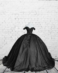 Black Sparkly Ball Gown Dress With 3D Flowers