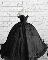 Black Sparkly Ball Gown Dress With 3D Flowers