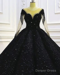 Black Sparkly Long Sleeve Wedding Ball Gown Dress