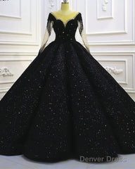 Black Sparkly Long Sleeve Wedding Ball Gown Dress