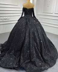 Black Sparkly Off Shoulder Long Sleeve Ball Gown