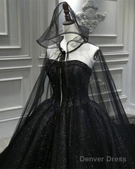 Black Sparkly Wedding Dress Ball Gown With Cape Veil