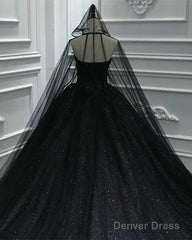 Black Sparkly Wedding Dress Ball Gown With Cape Veil