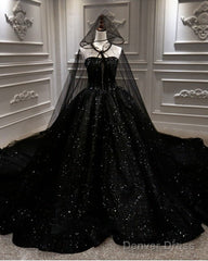 Black Sparkly Wedding Dress Ball Gown With Cape Veil