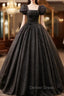 Black Square Neckline Tulle Long Prom Dresses, Shiny Tulle Black Evening Dresses
