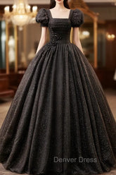 Black Square Neckline Tulle Long Prom Dresses, Shiny Tulle Black Evening Dresses