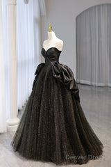 Black Strapless Satin And Tulle Long Prom Dress, Beautiful A-Line Evening Party Dress