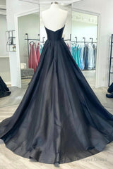 Black Strapless Satin Long Prom Dress, Black A-Line Evening Dress