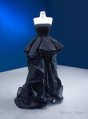 Black Strapless Sequins Pearls Prom Dress