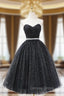 Black Strapless Shiny Tulle Tea Length Prom Dresses, Black A-Line Homecoming Dresses