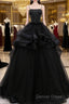 Black Straps Beaded Scoop Tulle Long Prom Dress, Black Tulle Sweet 16 Dresses