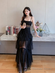 Black Straps Layers Straps Tulle Long Party Dress, A-Line Black Tulle Prom Dress