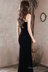 Black Straps Mermaid Velvet Long Party Dress With Leg Slit, Black Long Prom Dress