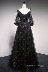 Black Straps Tulle Long Party Dresses With Sleeves Evening Dresses, Black A-Line Prom Dresses Party Dresses