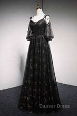 Black Straps Tulle Long Party Dresses With Sleeves Evening Dresses, Black A-Line Prom Dresses Party Dresses