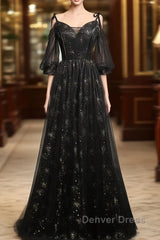 Black Straps Tulle Long Party Dresses With Sleeves Evening Dresses, Black A-Line Prom Dresses Party Dresses