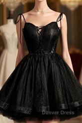 Black Straps Tulle Short Homecoming Dresses Prom Dresses, Little Black Party Dresses