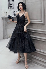 Black Straps Tulle Tea Length Homecoming Dress, Black Short Prom Dress