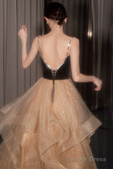 Black Straps V-Neckline Layers Tulle Long Party Dresses, Glam Prom Dresses Formal Gown
