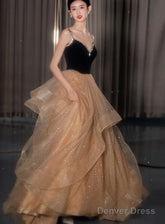 Black Straps V-Neckline Layers Tulle Long Party Dresses, Glam Prom Dresses Formal Gown