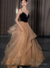 Black Straps V-Neckline Layers Tulle Long Party Dresses, Glam Prom Dresses Formal Gown