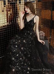 Black Straps V-Neckline Long Party Dress, A-Line Black Tulle Prom Dress