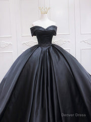Black Sweetheart Neck Satin Long Prom Gown, Black Sweet 16 Dress