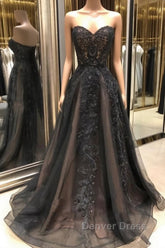Black sweetheart neck tulle lace long prom Dresses, black evening Dresses