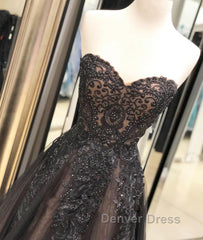 Black sweetheart neck tulle lace long prom Dresses, black evening Dresses
