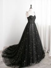 Black Sweetheart Neck Tulle Long Prom Dress A Line Black Evening Dress