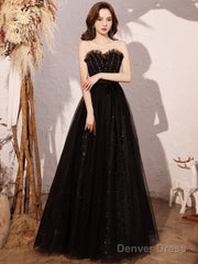 Black Sweetheart Neck Tulle Sequin Beads Long Prom Dress
