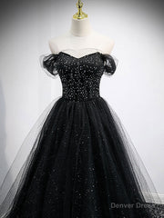 Black Sweetheart Off Shoulder Tulle Long Prom Dress, Black Evening Dress