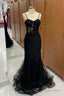 Black Sweetheart Straps Mermaid Appliques Tulle Long Prom Dresses