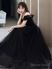 Black Sweetheart Tulle Off Shoulder A-Line Prom Dress, Straps Shiny Black Evening Dress