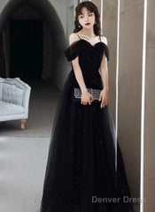 Black Sweetheart Tulle Off Shoulder A-Line Prom Dress, Straps Shiny Black Evening Dress