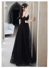 Black Sweetheart Tulle Off Shoulder A-Line Prom Dress, Straps Shiny Black Evening Dress