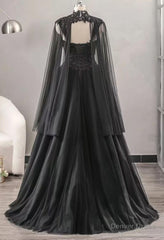Black Sweetheart Tulle with Lace Long Sweet 16 Dress, Black Formal Dress with Cape