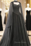 Black Sweetheart Tulle with Lace Long Sweet 16 Dress, Black Prom Dresses with Cape