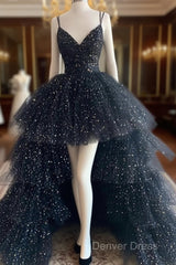 Black Tulle A-Line Layers Long Party Dresses, Black Tulle Prom Dresses