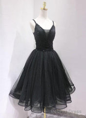 Black Tulle And Beaded Knee Length Straps Homecoming Dress, Black Short Prom Dresses