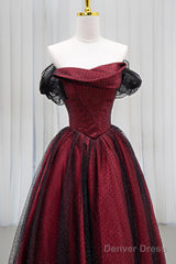 Black Tulle And Burgundy Satin Long Prom Dress, Charming A-Line Party Dress