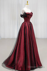 Black Tulle And Burgundy Satin Long Prom Dress, Charming A-Line Party Dress