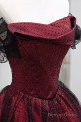 Black Tulle And Burgundy Satin Long Prom Dress, Charming A-Line Party Dress