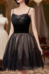 Black Tulle and Lace Straps Short Party Dresses, Black Homecoming Dresses